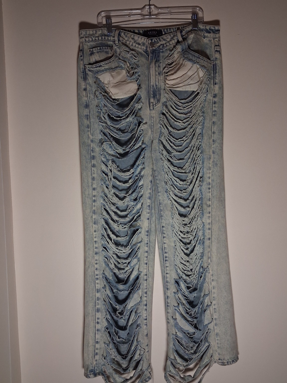Akira Womens Acid Wash Heavily Distressed Shredded Wide Leg Jeans Light Blue 1X - Picture 7 of 16